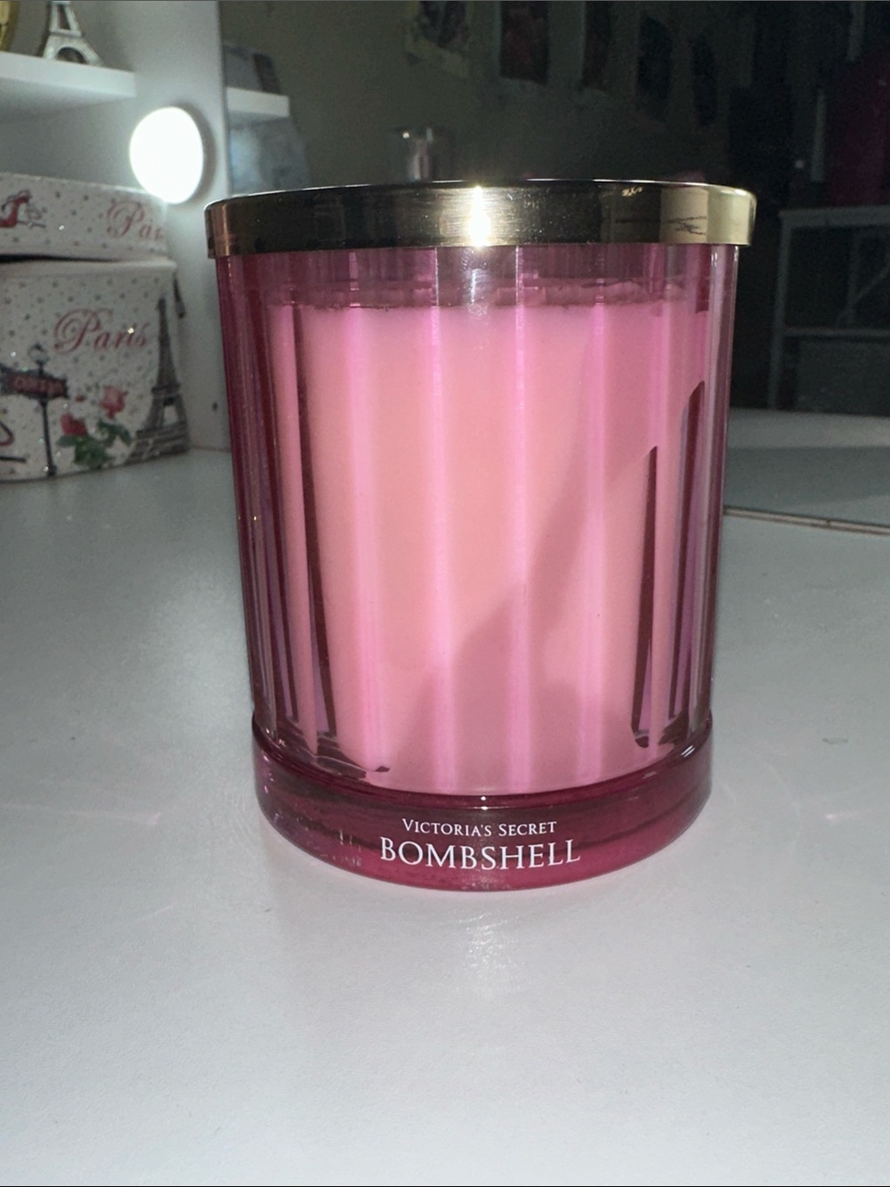 Victoria's Secret Bombshell Pink Glass Candle with Gold Lid